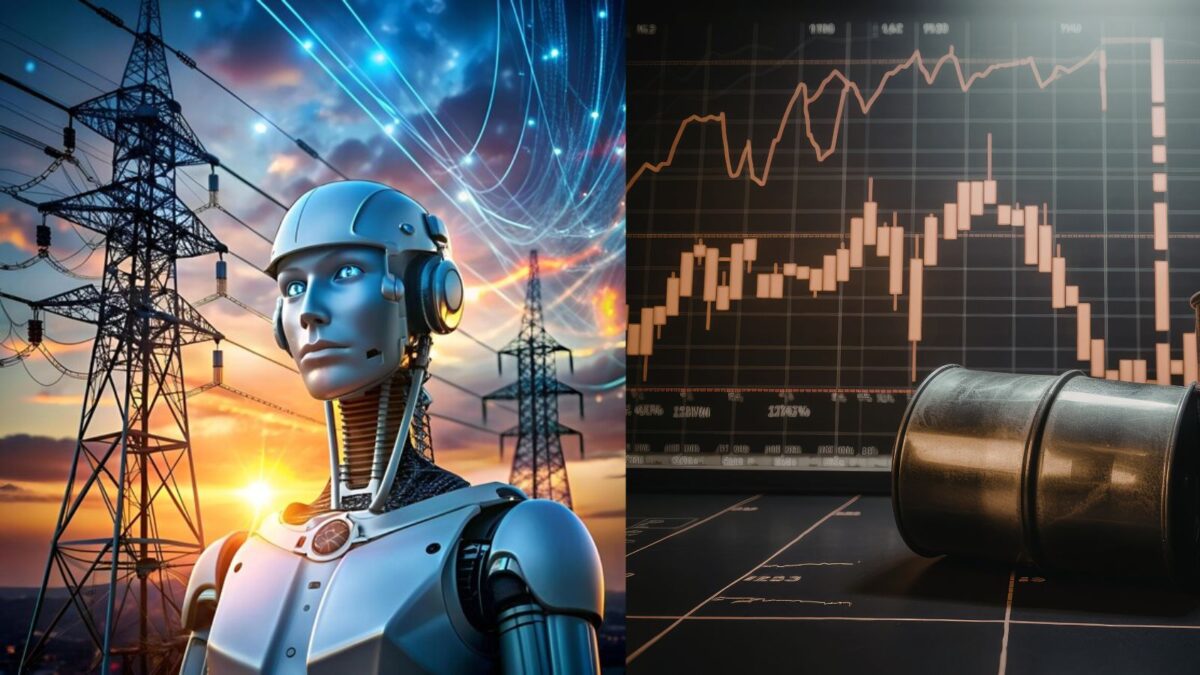 AI Energy Crisis illustration showing ChatGPT data centers, AI servers, and rising global electricity demand