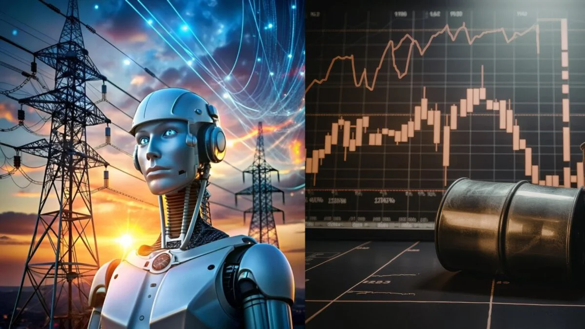 AI Energy Crisis illustration showing ChatGPT data centers, AI servers, and rising global electricity demand