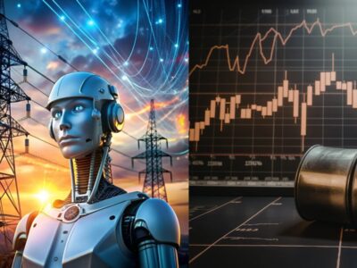 AI Energy Crisis illustration showing ChatGPT data centers, AI servers, and rising global electricity demand