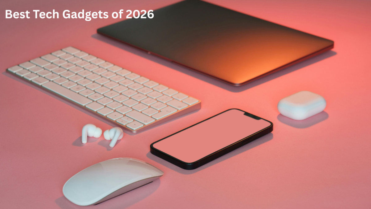Best Tech Gadgets of 2026 featuring AI laptop, smartphone, smart ring, smart glasses, robot vacuum, AI earbuds, portable power station, and smart home hub.
