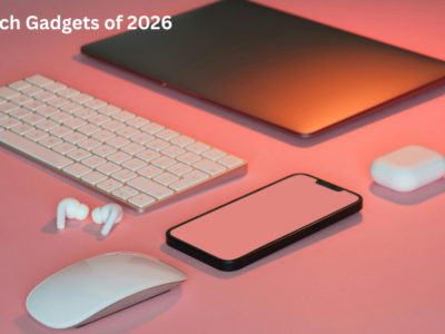 Best Tech Gadgets of 2026 featuring AI laptop, smartphone, smart ring, smart glasses, robot vacuum, AI earbuds, portable power station, and smart home hub.