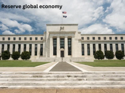 Federal Reserve global economy building with world map and currency symbols showing global economy impact