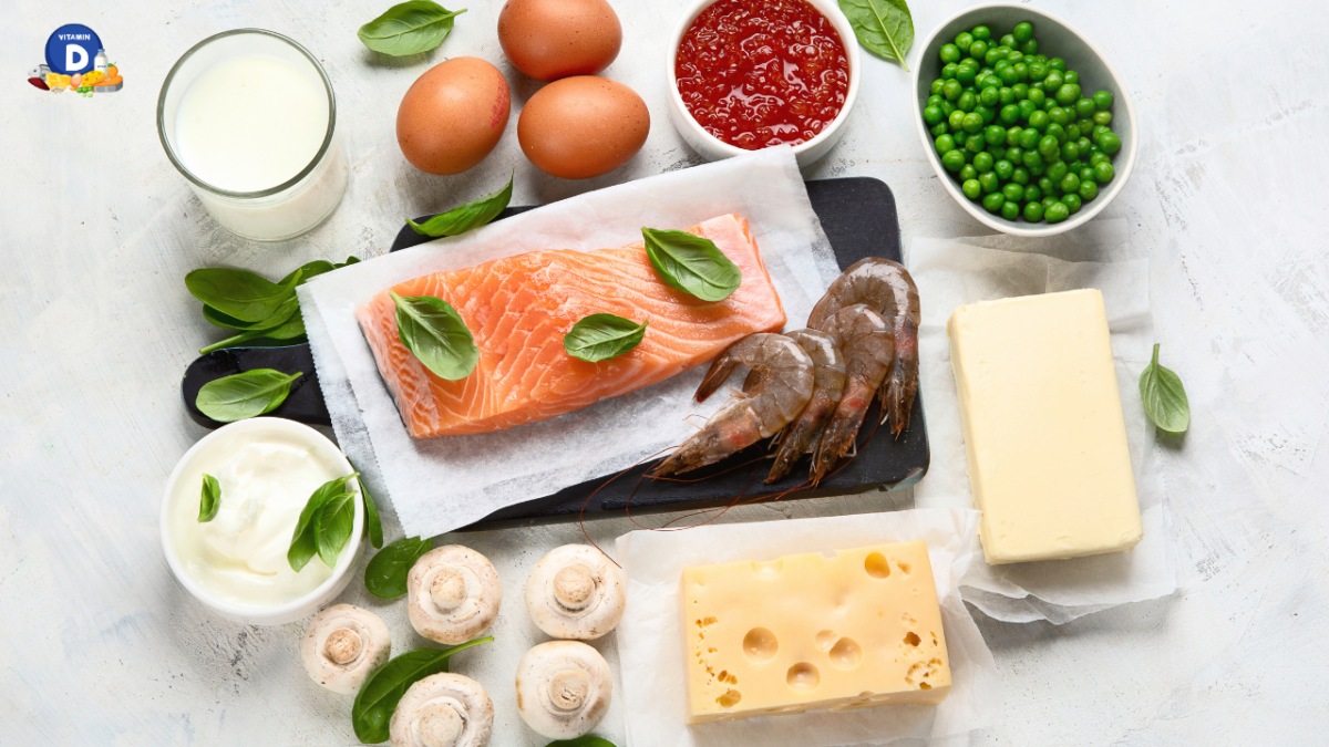 Foods rich in calcium and vitamin D including salmon, milk, Greek yogurt, cheese, broccoli, kale, tofu, and eggs for strong bones
