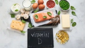 Healthy foods rich in calcium and vitamin D with salmon, yogurt, kale, broccoli, and tofu