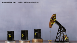 Crude oil barrels with a world map illustrating the impact of Middle East conflict on oil prices