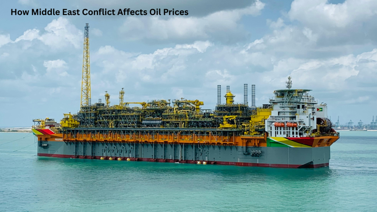 How Middle East Conflict Affects Oil Prices with an oil tanker, Middle East map, and rising crude oil price chart