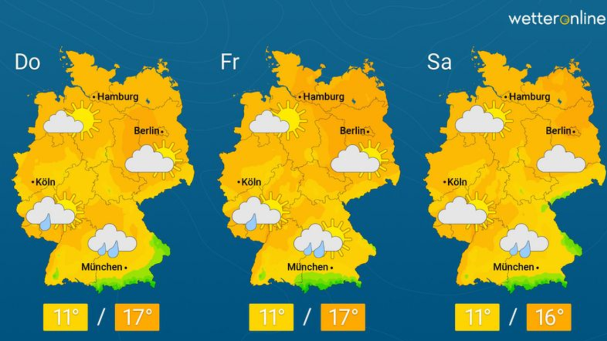 Wetter diese Woche forecast showing Germany heatwave, high temperatures, and thunderstorms expected later this week