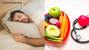 Healthy foods for better sleep arranged on a table, including kiwi, bananas, almonds, walnuts, pumpkin seeds, and tart cherries.