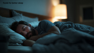 Natural foods for better sleep featuring magnesium-rich nuts, fresh fruits, oatmeal, yogurt, and herbal tea.