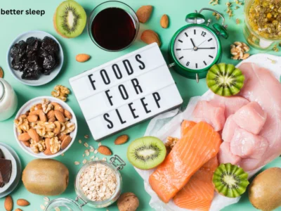 Healthy foods for better sleep including kiwi, bananas, almonds, walnuts, tart cherries, oatmeal, yogurt, pumpkin seeds, and chamomile tea on a wooden table.
