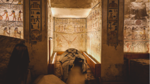 Ancient Egyptian Sorcerer Tomb Discovery showing ancient coffins, ritual artifacts, and hieroglyphic inscriptions