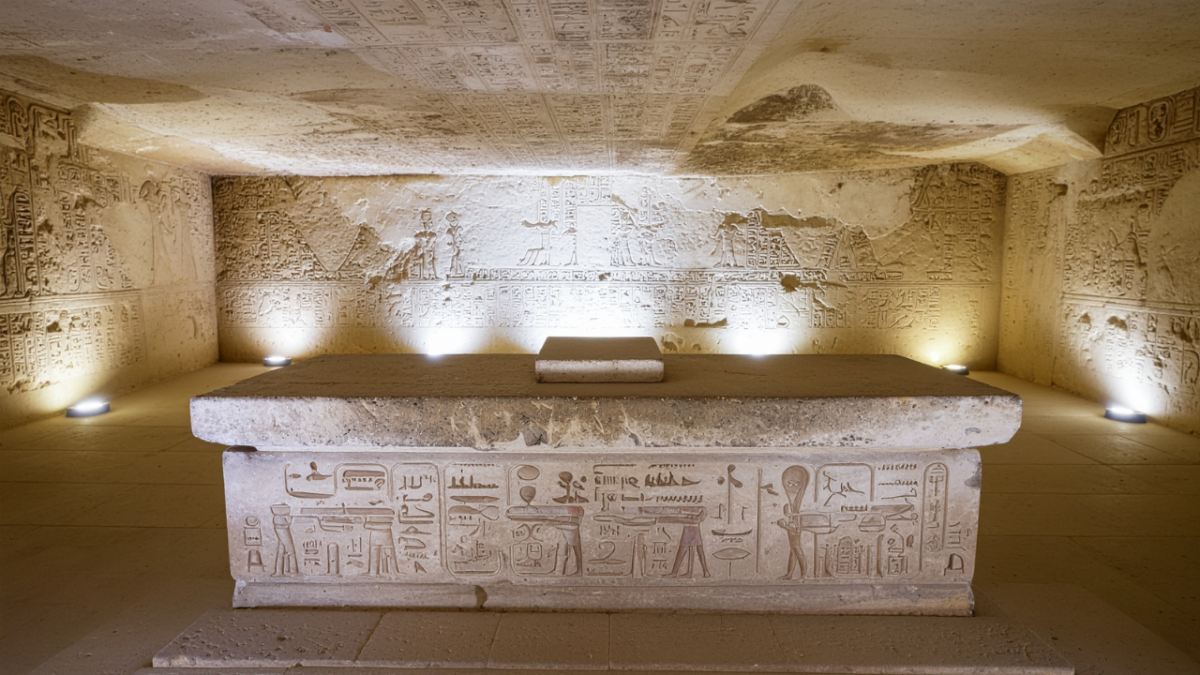 Ancient Egyptian Sorcerer Tomb Discovery with archaeologists exploring a newly uncovered burial chamber