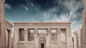 Egyptian Archaeology experts studying artifacts inside an ancient burial chamber