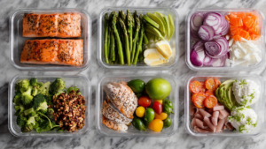 Healthy meal prep containers with balanced breakfast, lunch, and dinner options
