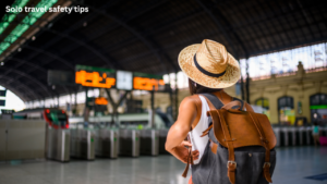 Solo traveler walking confidently through a safe travel destination
