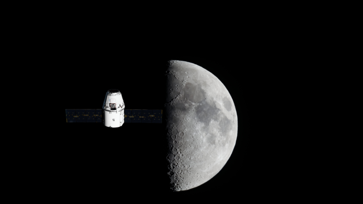 SpaceX satellite hits Moon illustration showing a rocket stage approaching the lunar surface.