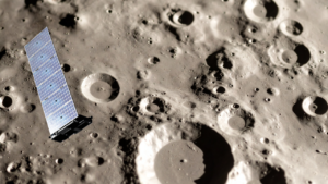 Artist's concept of a rocket stage orbiting before a Moon impact during a deep-space mission.