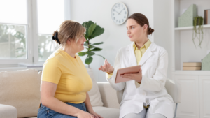 Doctor explaining peptides for weight loss and healthy obesity treatment options.