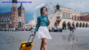 Woman traveling alone safely with backpack and travel essentials
