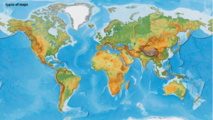“Physical map showing mountains, rivers, and natural features”