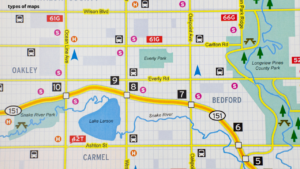 “Road map showing highways, streets, and transportation routes”