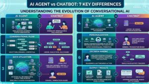 AI Agent vs Chatbot infographic showing seven key differences between AI agents and chatbots