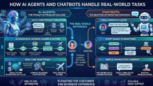 AI Agent vs Chatbot showing customer support, business workflows, research, and task automation