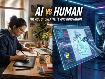 Professional comparing digital data analytics with AI vs Human creative brainstorming methods