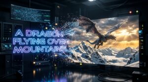 A glowing holographic text prompt transforming into a realistic cinematic video of a flying dragon generated by Veo 3 technology.