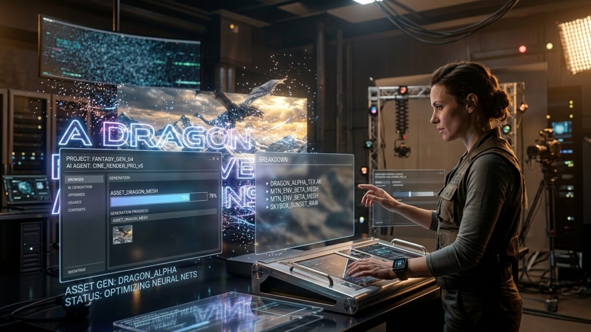 A digital content creator using a futuristic workstation to produce high definition video assets with the Veo 3 artificial intelligence model.