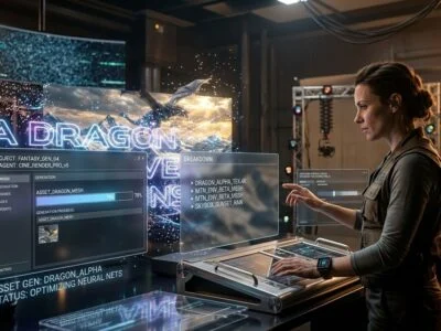 A digital content creator using a futuristic workstation to produce high definition video assets with the Veo 3 artificial intelligence model.
