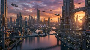 A hyper realistic cinematic wide angle shot of a futuristic sci-fi city created using the Veo 3 video generation engine.