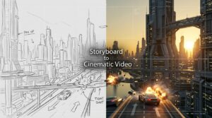 A side by side comparison showing a simple pencil sketch storyboard turning into a high quality cinematic action video using Veo 3 capabilities.