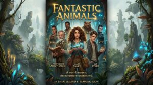 Promotional poster for the fantastic animals movie "Uncover the Magic," depicting the main character and various creatures in a fantastical landscape.