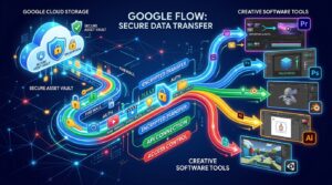 A visual representation of google flow showing secure data transfer between cloud storage and creative software tools.