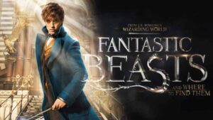 Key visual promoting the fantastic animals movie, titled "Uncover the Magic," featuring iconic magical beasts like a griffin, dragon, and niffler.