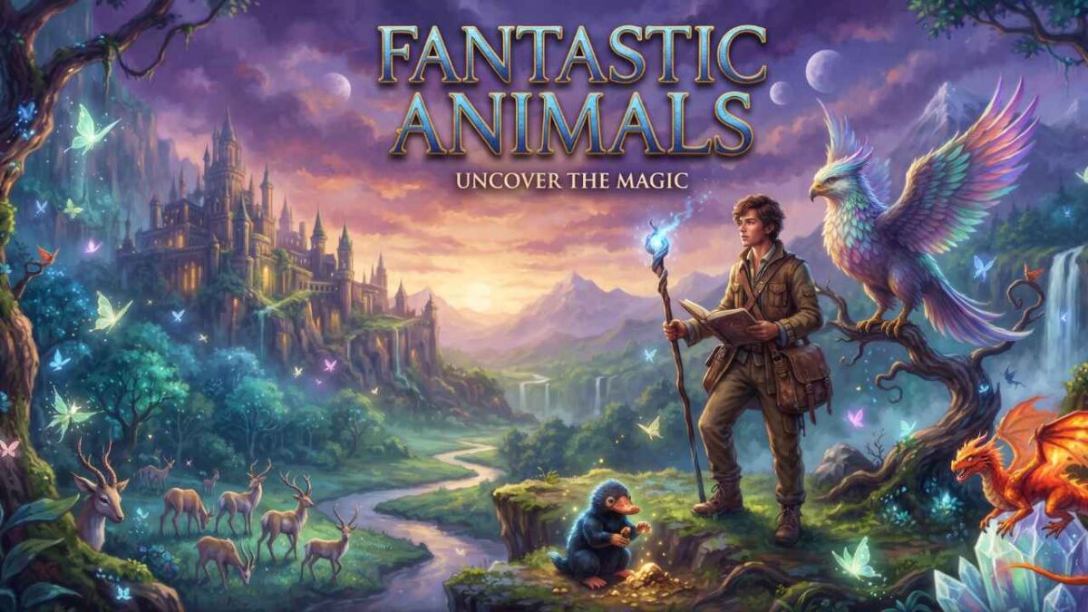 A richly illustrated cinematic key art for the fantastic animals movie "Uncover the Magic," showing a wizard with a glowing staff, a large griffin, a small dragon, and a niffler in a magical valley.