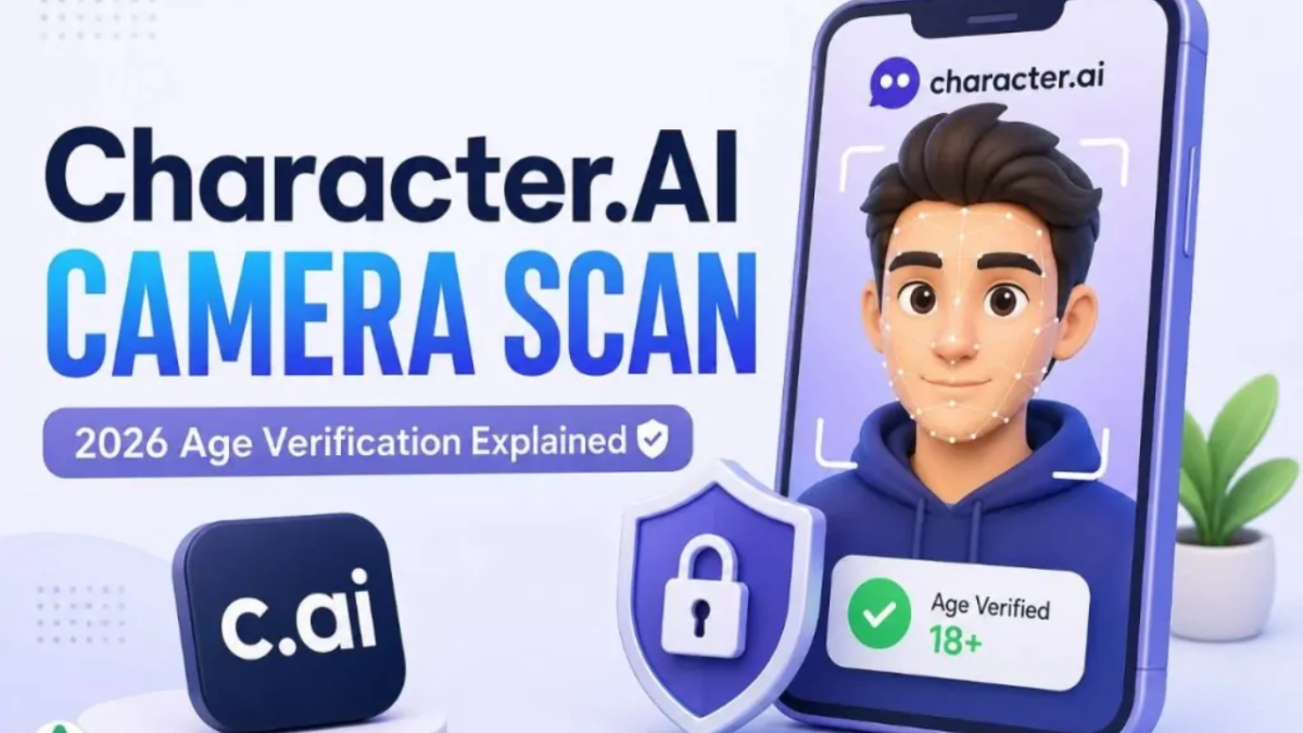 why does character.ai require camera scan age verification prompt displayed on a smartphone screen showing facial recognition scanning interface.