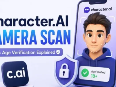 why does character.ai require camera scan age verification prompt displayed on a smartphone screen showing facial recognition scanning interface.