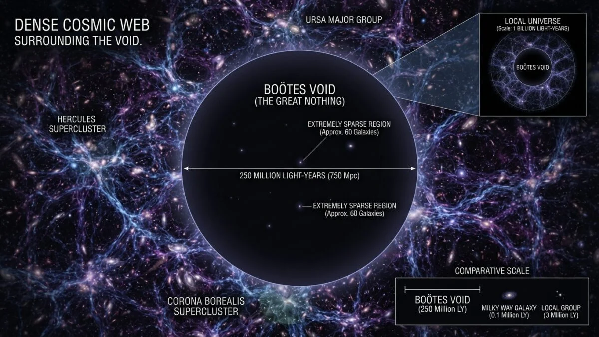 Infographic illustrating the Boötes Void size compared to neighboring galaxy clusters and the local universe.