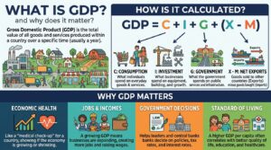 Infographic breaking down inflation, employment, and market indicators impacting the US economy.